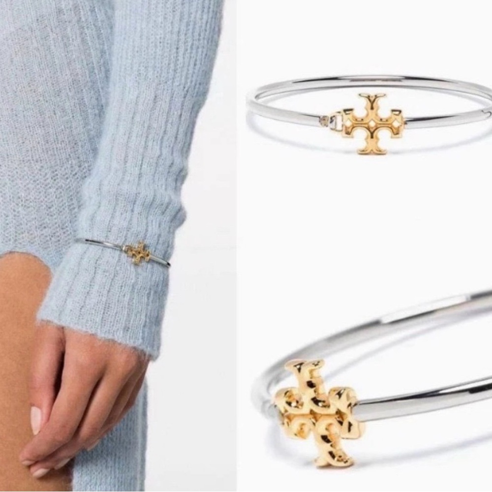Tory Burch Silver Bangle with Gold Logo Accent